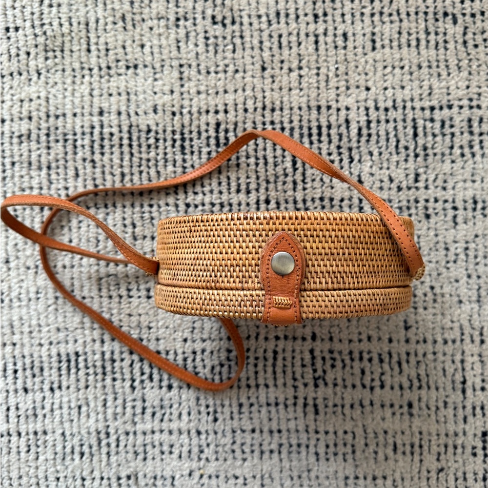 Woven Round Crossbody Bag in Tan - Picture 2 of 4